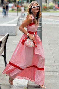 KaleaBoutique Stylish Bow Knot Straps Contrast Trim High Waist Ruffle Hem Maxi Dress - KaleaBoutique.com