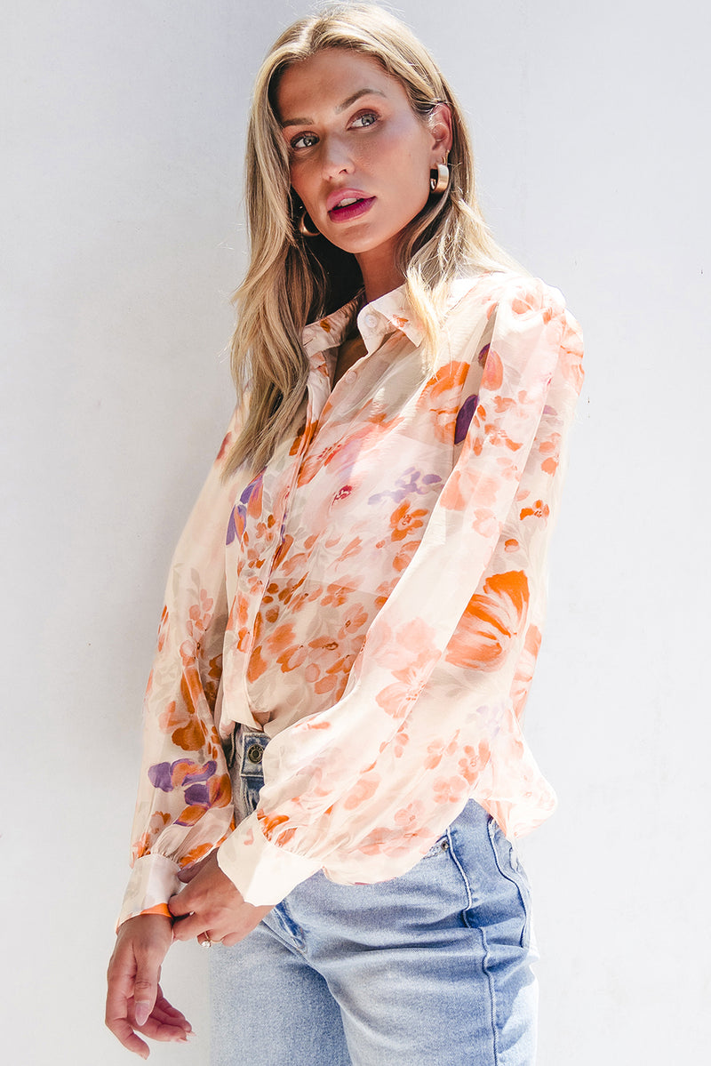 KaleaBoutique Floral Print Collared Balloon Sleeve Loose Shirt - KaleaBoutique.com