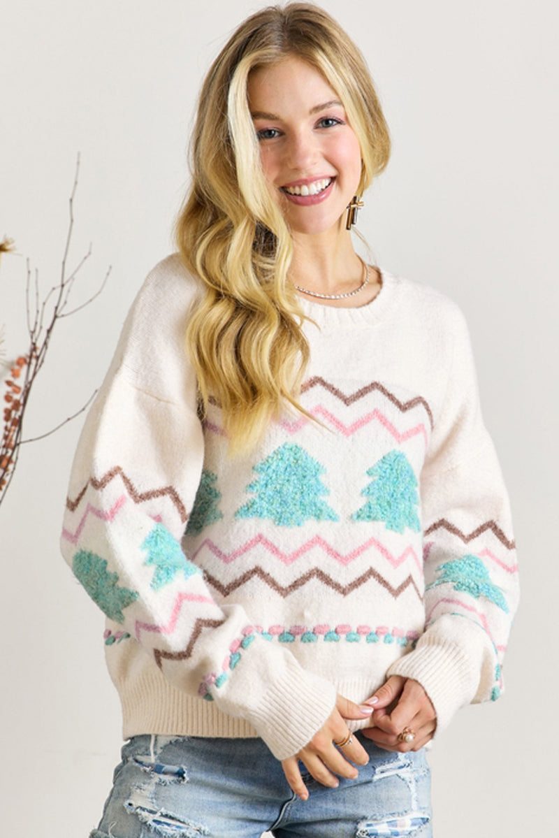 KaleaBoutique Stylish Striped Christmas Tree Ribbed Trim Drop Shoulder Sweater - KaleaBoutique.com