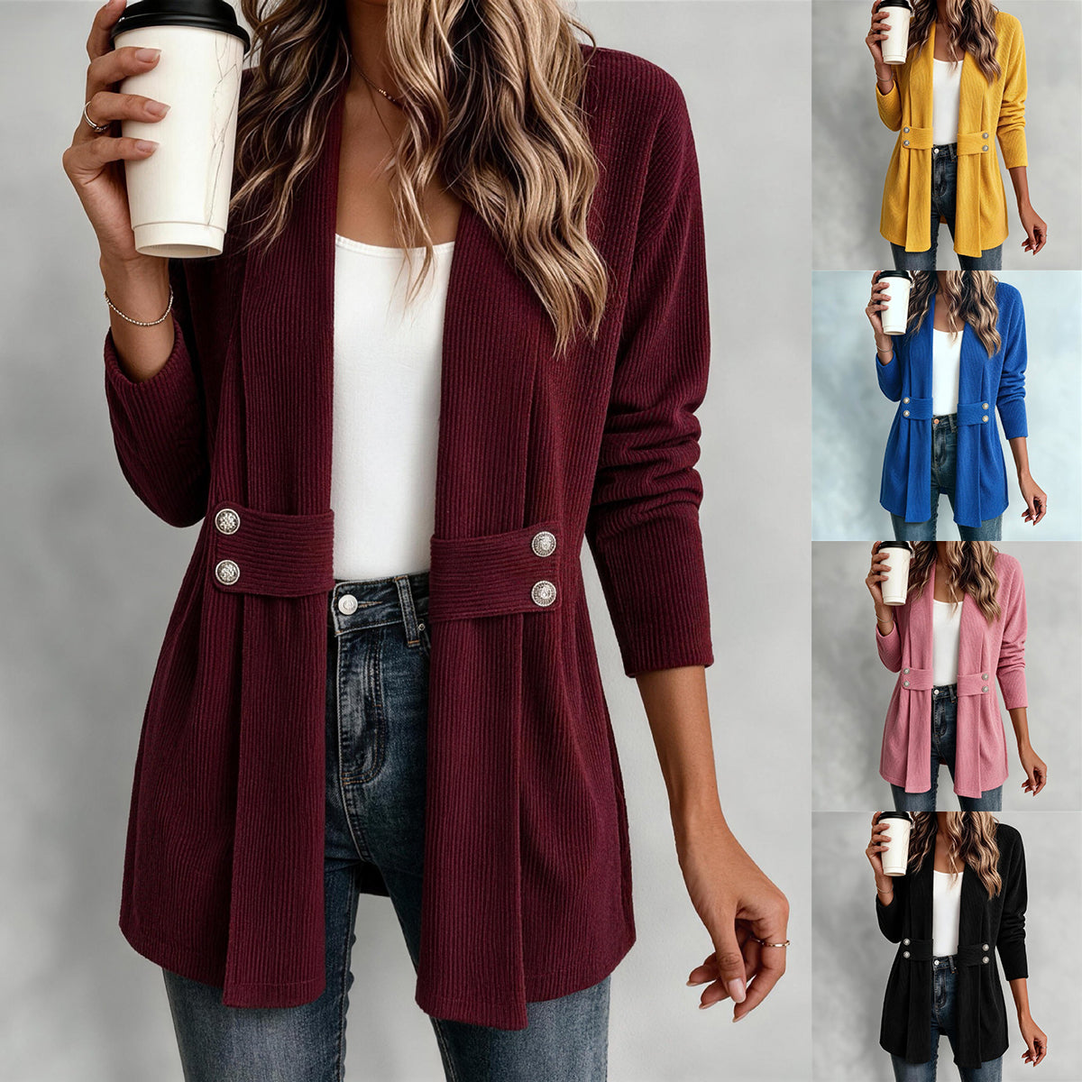 Women's Open-Front Ribbed Cardigan with Button Tabs - KaleaBoutique.com