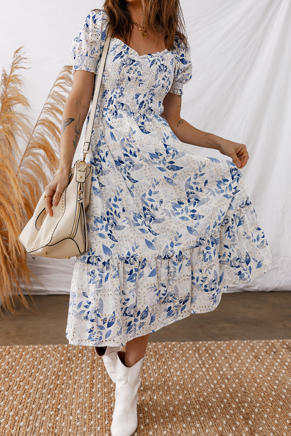 Smocked Bodice Short Puff Sleeve Tiered Floral Midi Dress - KaleaBoutique.com
