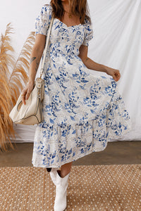 Smocked Bodice Short Puff Sleeve Tiered Floral Midi Dress - KaleaBoutique.com