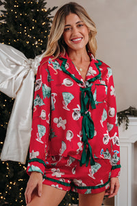 KaleaBoutique Comfortable Christmas Fashion Print Contrast Ruffle Trim Ribbon Bow Knot 2pcs Pajama Set - KaleaBoutique.com
