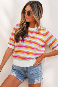 KaleaBoutique Stylish Abstract Striped Knit Short Sleeve Sweater - KaleaBoutique.com