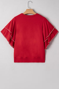 KaleaBoutique Stylish Pearl Embellished Double Ruffle Short Sleeve Sweater - KaleaBoutique.com