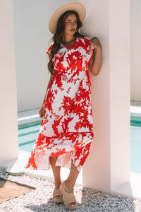 KaleaBoutique Stylish Floral Print Trimmed V Neck Ruffle Sleeve Long Dress - KaleaBoutique.com