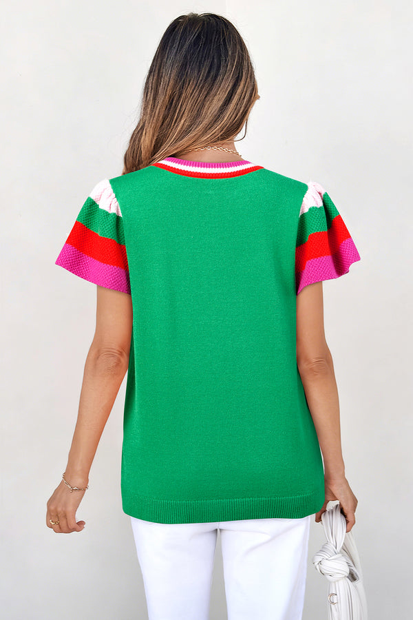 KaleaBoutique Stylish Shiny Lucky Striped Flutter Sleeve Round Neck Sweater - KaleaBoutique.com