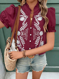 Women's Floral Embroidered Puff-Sleeve Blouse