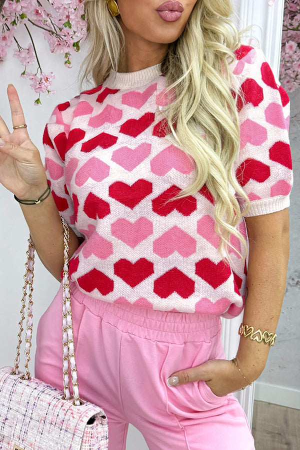 KaleaBoutique Comfortable 2-tone Heart Print Valentine Crew Neck Short Sleeve Sweater - KaleaBoutique.com