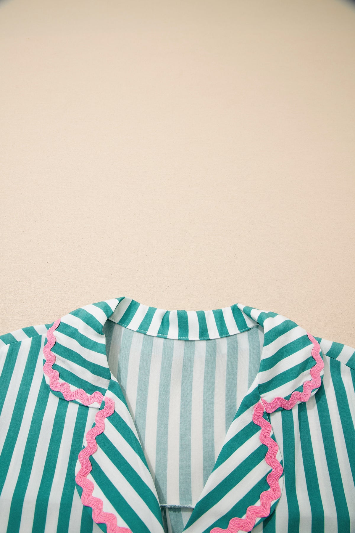 KaleaBoutique Stylish Contrast Ricrac Trim Long Sleeve Shirt Drawstring Ruffled Pajama Short Set - KaleaBoutique.com