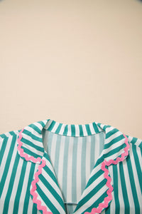 KaleaBoutique Stylish Contrast Ricrac Trim Long Sleeve Shirt Drawstring Ruffled Pajama Short Set - KaleaBoutique.com