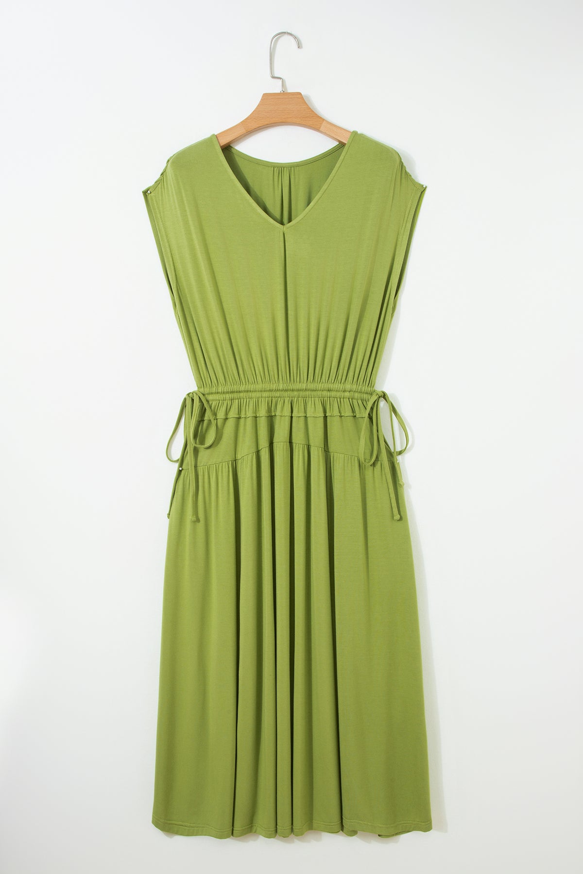 KaleaBoutique Comfortable Solid V Neck Cap Sleeve Tunic Elastic Waist Versatile Maxi Dress - KaleaBoutique.com