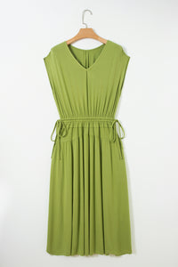 KaleaBoutique Comfortable Solid V Neck Cap Sleeve Tunic Elastic Waist Versatile Maxi Dress - KaleaBoutique.com