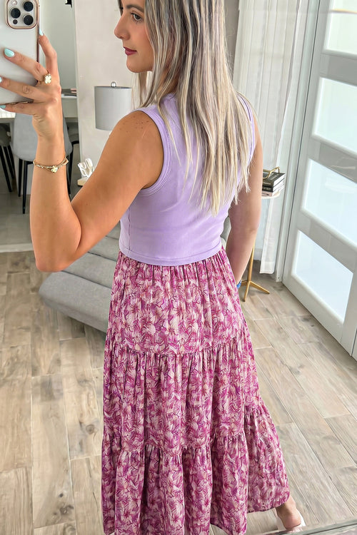 KaleaBoutique Stylish Ribbed V Neck Tank Floral Contrast Patchwork Long Dress - KaleaBoutique.com