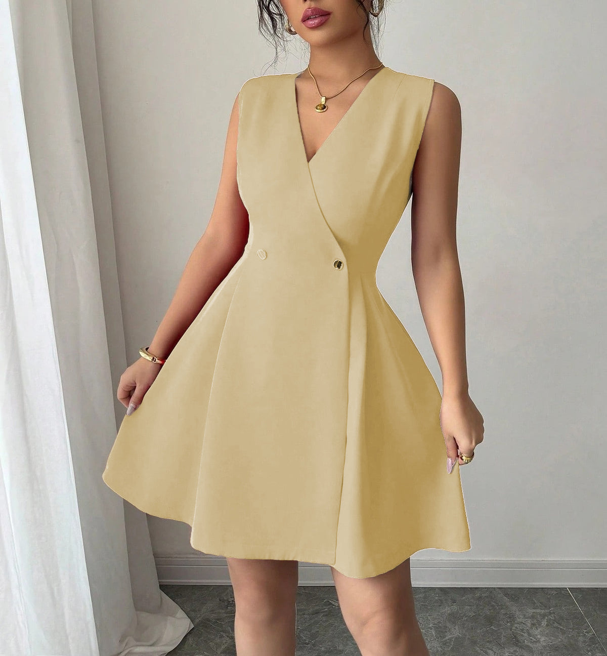 Double-breasted Pleated Sleeveless A-line Mini Dress - KaleaBoutique.com