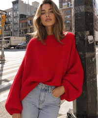 Women's Round-Neck Balloon-Sleeve Loose Fit Pullover Sweater - KaleaBoutique.com
