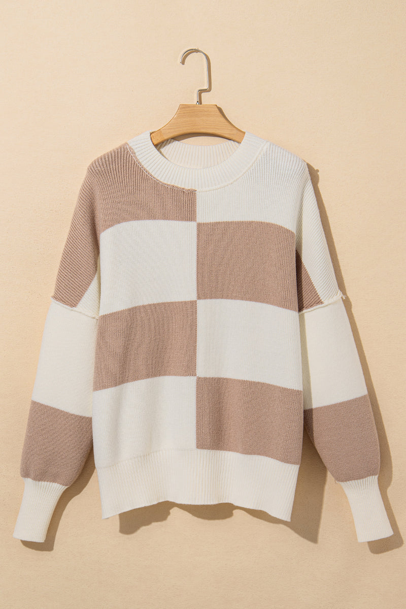 KaleaBoutique Checkered Side Slits Drop Shoulder Oversized Sweater - KaleaBoutique.com