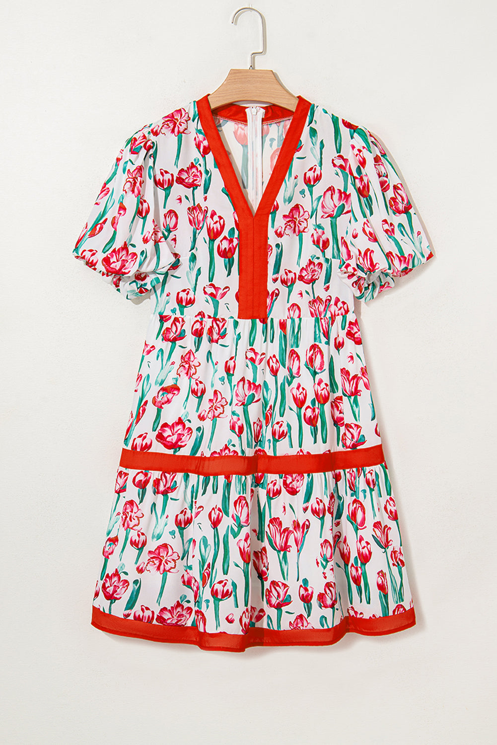Floral Print Contrast Trim V Neck Bubble Short Sleeve Babydoll Dress - KaleaBoutique.com