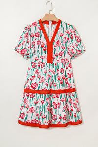Floral Print Contrast Trim V Neck Bubble Short Sleeve Babydoll Dress - KaleaBoutique.com
