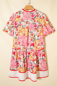 KaleaBoutique Stylish Color Block Floral Print Contrast Trim V Neck Ruffle Hem Mini Dress - KaleaBoutique.com