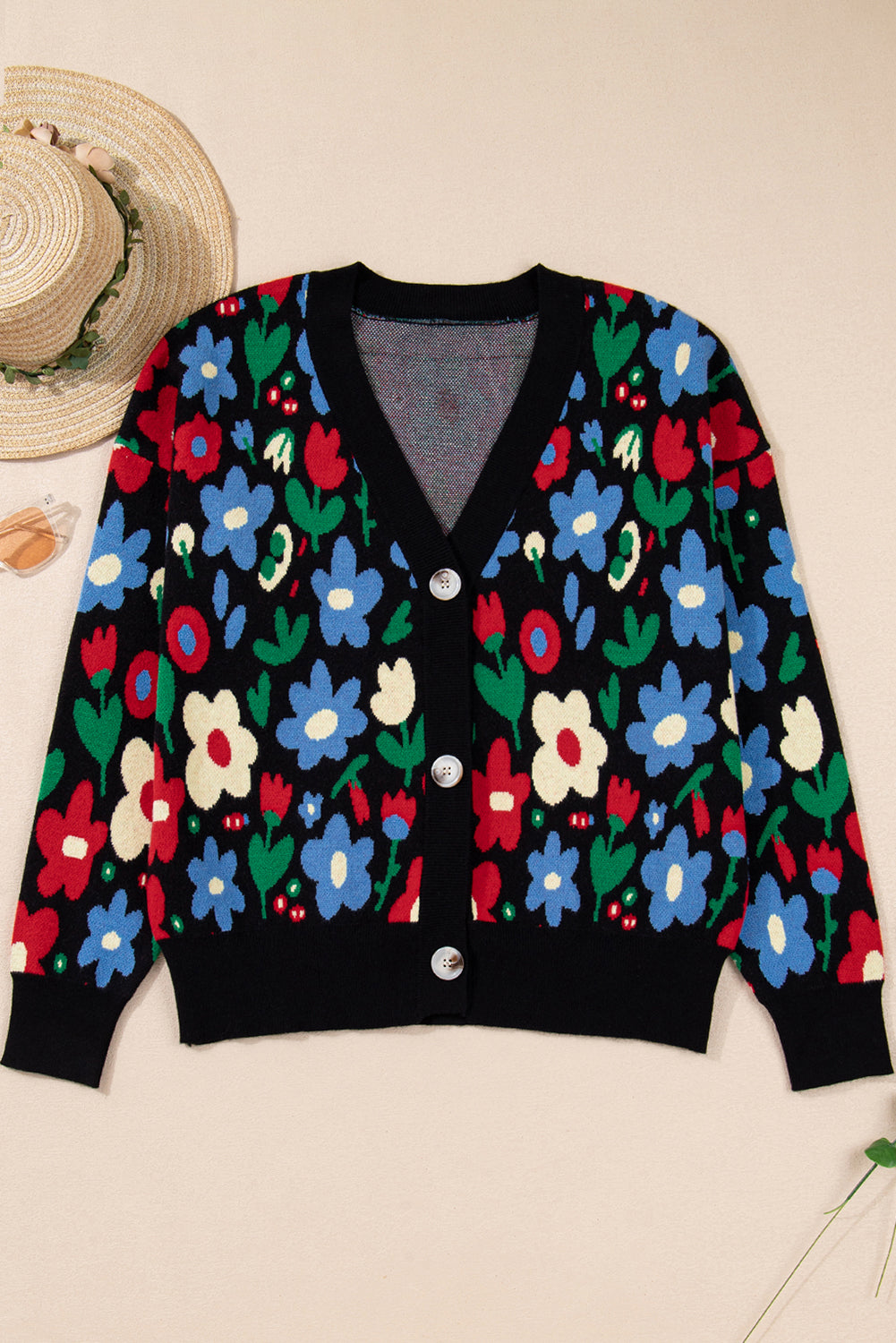 KaleaBoutique Stylish Floral Print V Neck Buttoned Short Cardigan Sweater - KaleaBoutique.com