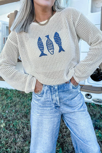 Open Knit Fish Embroidered Casual Sweater - KaleaBoutique.com