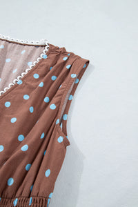 KaleaBoutique Stylish Polka Dot Print Contrast Trim V Neck Zip Up Sleeveless Dress - KaleaBoutique.com