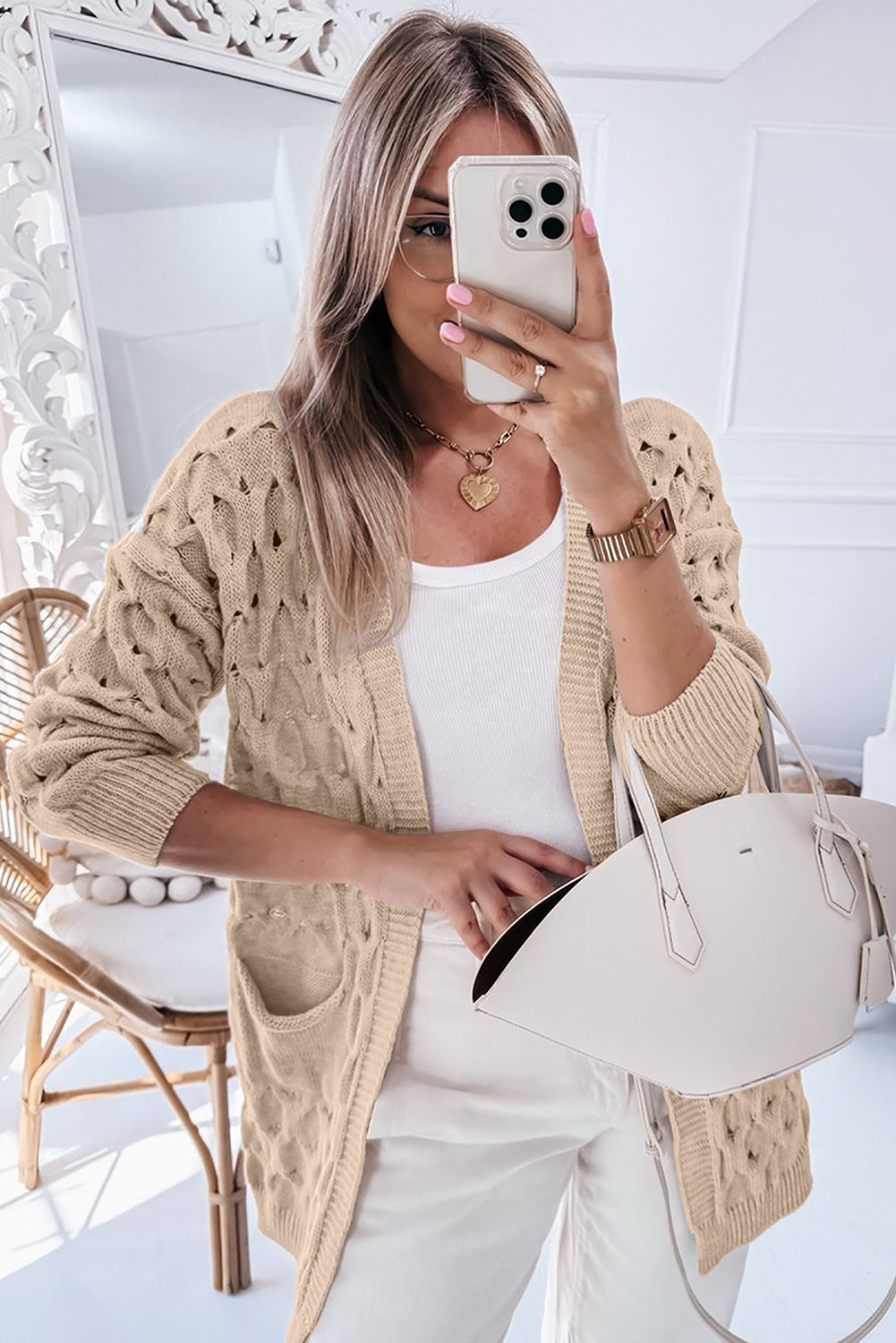 Cable Knit Eyelet Side Pockets Baggy Cardigan - KaleaBoutique.com