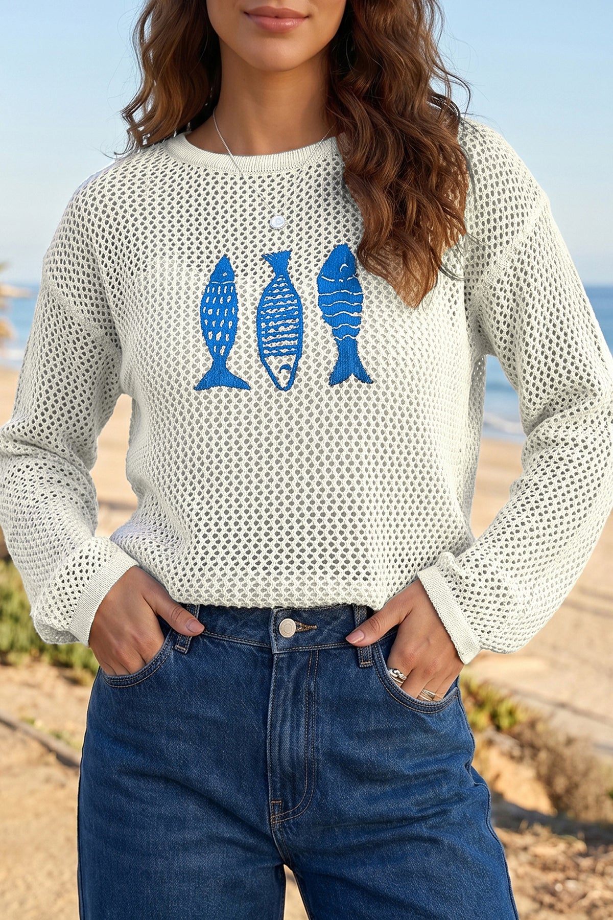 Open Knit Fish Embroidered Casual Sweater - KaleaBoutique.com