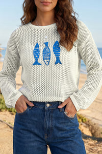 Open Knit Fish Embroidered Casual Sweater - KaleaBoutique.com