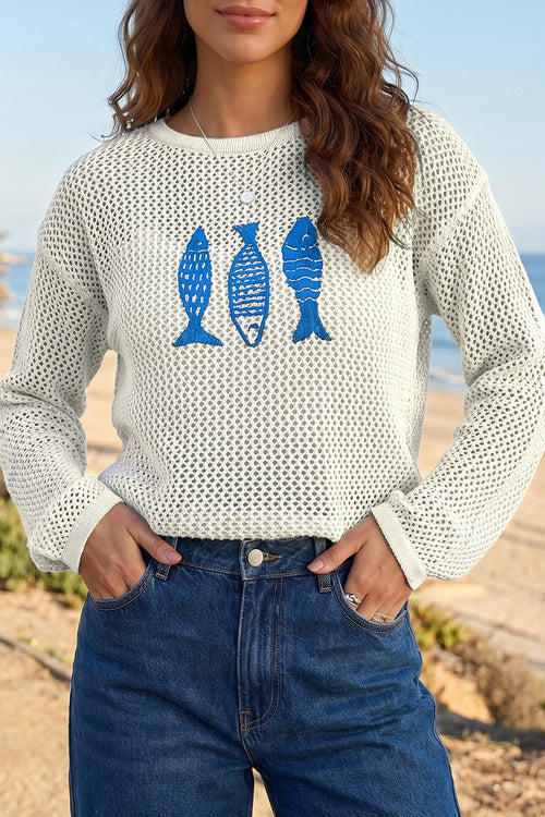 KaleaBoutique Open Knit Fish Embroidered Casual Sweater - KaleaBoutique.com