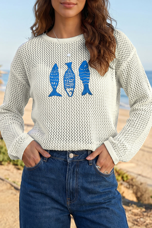 KaleaBoutique Open Knit Fish Embroidered Casual Sweater - KaleaBoutique.com