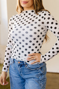 KaleaBoutique Stylish Polka Dot Mesh Long Sleeve Stand Neck Sheath Top - KaleaBoutique.com