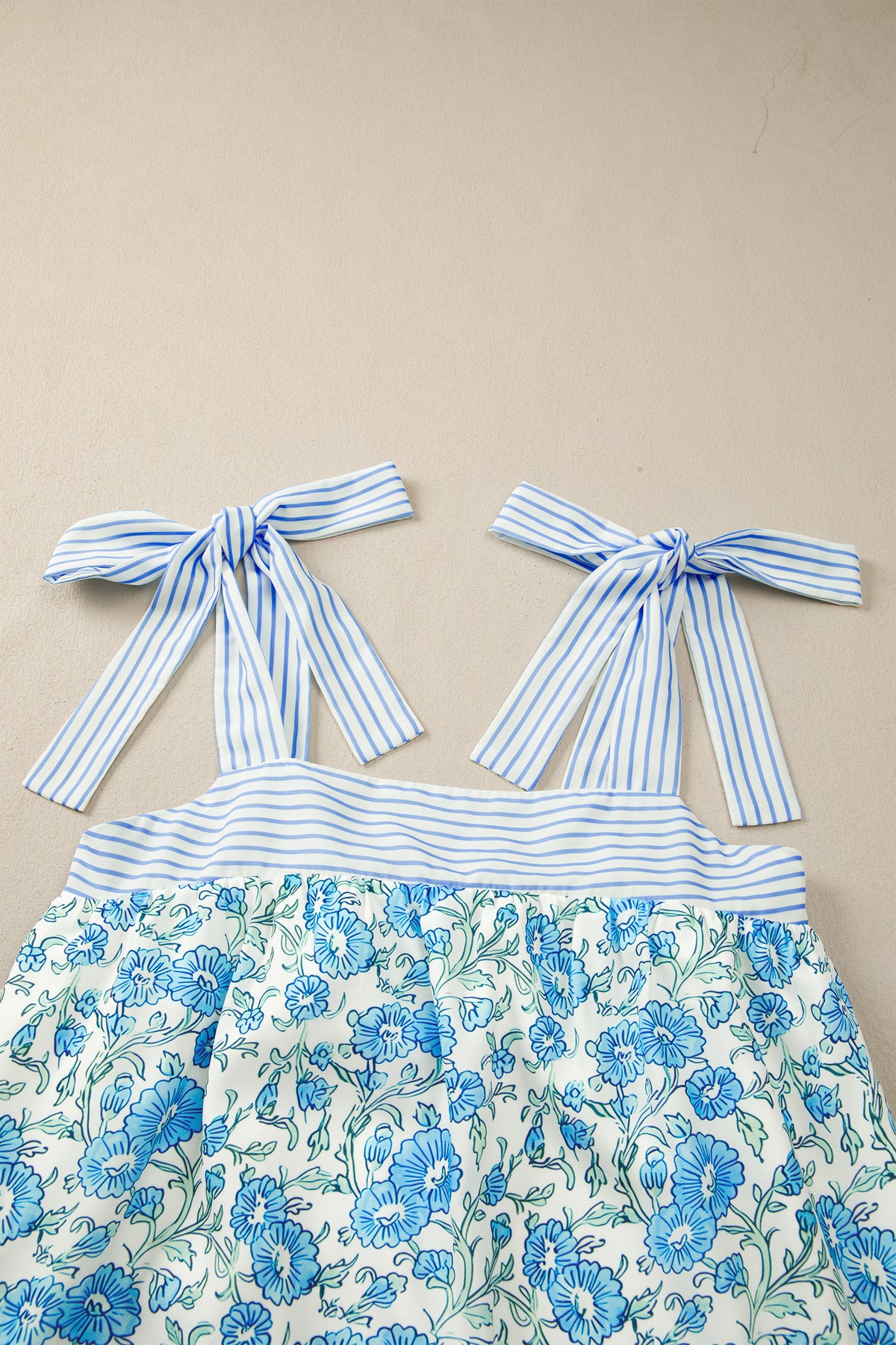 KaleaBoutique Stylish Floral Print Striped Patchwork Bow Knot Straps Mini Dress - KaleaBoutique.com