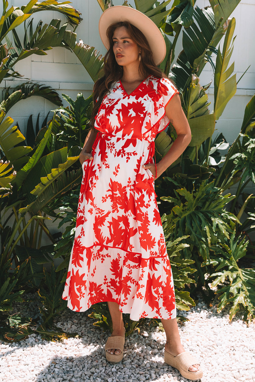 KaleaBoutique Stylish Floral Print Trimmed V Neck Ruffle Sleeve Long Dress - KaleaBoutique.com