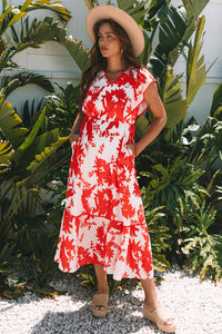 KaleaBoutique Stylish Floral Print Trimmed V Neck Ruffle Sleeve Long Dress - KaleaBoutique.com