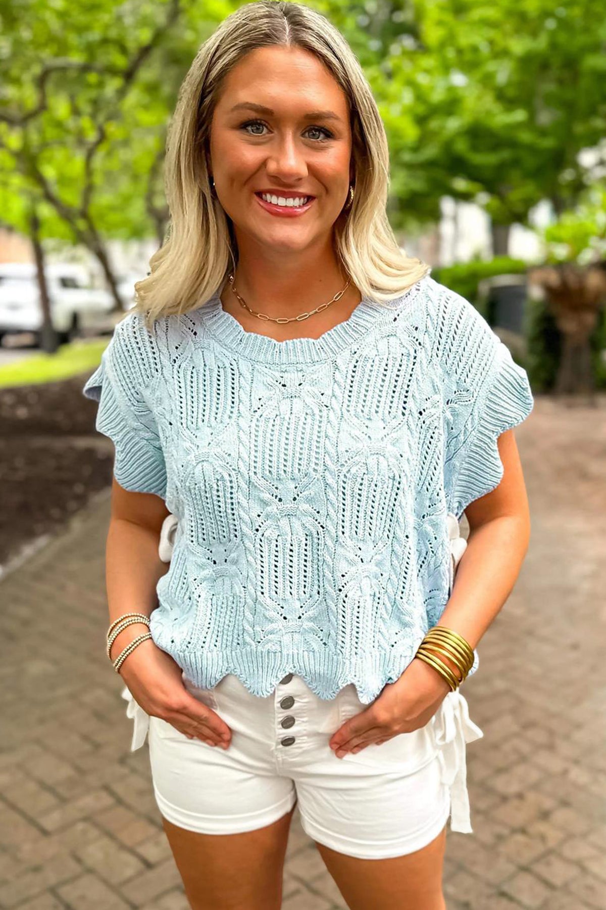 KaleaBoutique Stylish Pointelle Knit Patterned Scalloped Trim Short Sleeve Sweater - KaleaBoutique.com