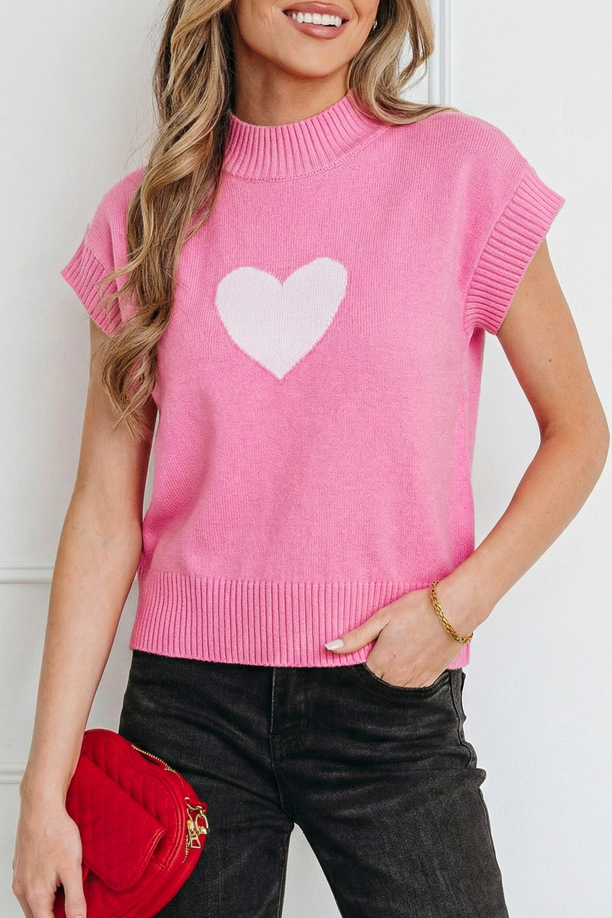 KaleaBoutique Stylish Valentine Heart Graphic Cropped Short Sleeve Sweater - KaleaBoutique.com