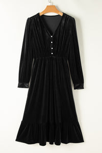 KaleaBoutique Velvet Buttoned Puff Sleeve V Neck Split Midi Dress - KaleaBoutique.com