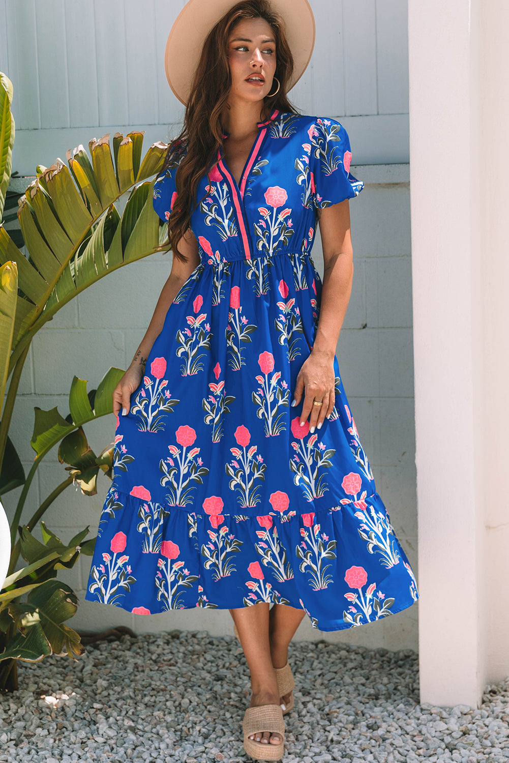 Floral Puff Short Sleeve V Neck High Waist Maxi Dress - KaleaBoutique.com
