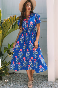 Floral Puff Short Sleeve V Neck High Waist Maxi Dress - KaleaBoutique.com