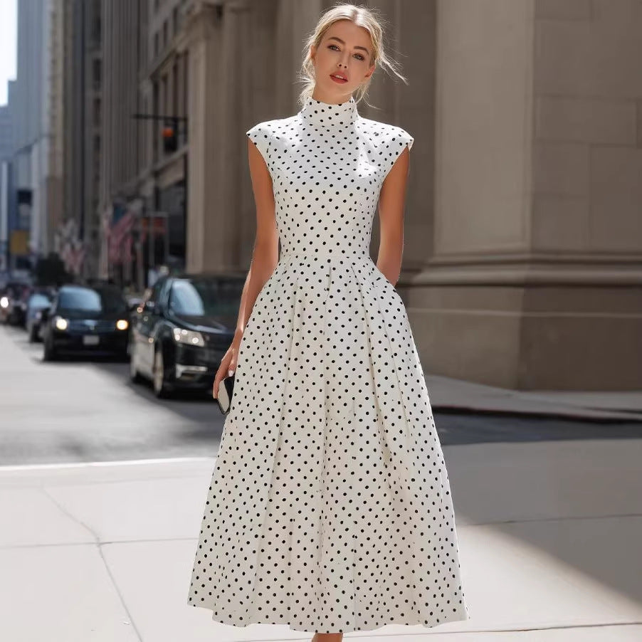 Women's White Polka-Dot High-Neck A-Line Maxi Dress - KaleaBoutique.com