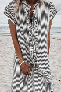 KaleaBoutique Stylish Frilled Detail Half Buttons Short Sleeve Long Dress - KaleaBoutique.com