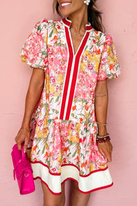 KaleaBoutique Stylish Color Block Floral Print Contrast Trim V Neck Ruffle Hem Mini Dress - KaleaBoutique.com