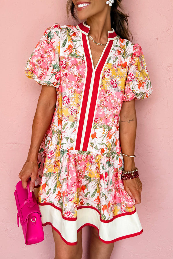KaleaBoutique Stylish Color Block Floral Print Contrast Trim V Neck Ruffle Hem Mini Dress - KaleaBoutique.com