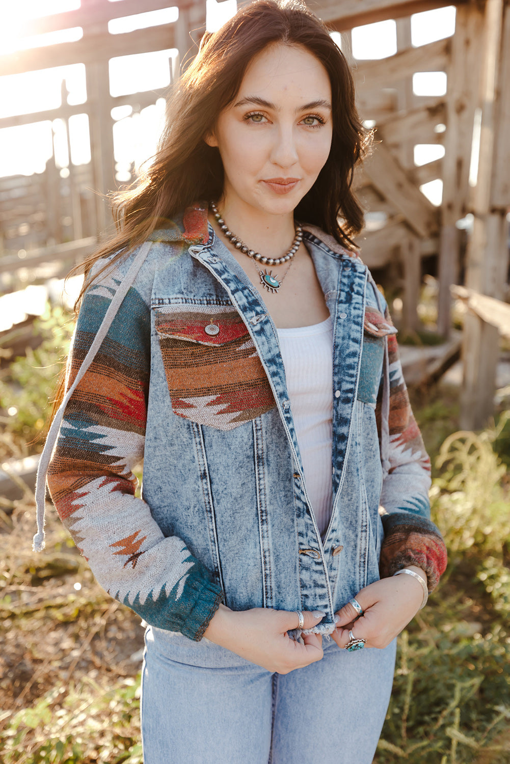 KaleaBoutique Stylish Aztec Print Frayed Hem Denim Jacket - KaleaBoutique.com