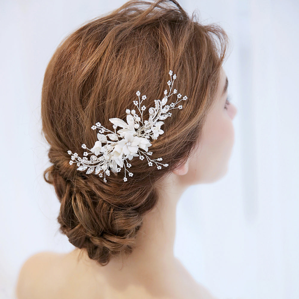 Clay Flower Crystal Bead Hair Comb, Pearl Leaf Bridal Hair Comb, Wedding Ceramic White Flower Hairpiece - KaleaBoutique.com