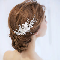 Clay Flower Crystal Bead Hair Comb, Pearl Leaf Bridal Hair Comb, Wedding Ceramic White Flower Hairpiece - KaleaBoutique.com