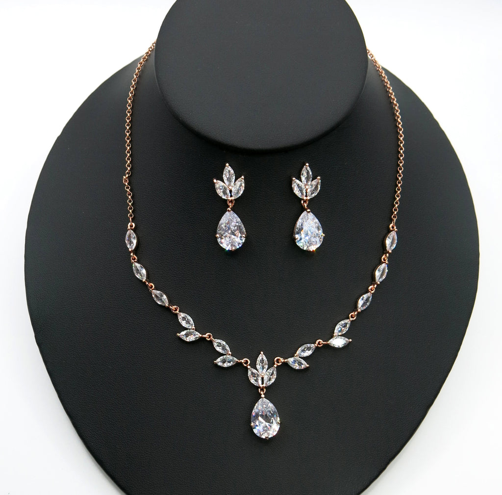 Wedding Gem Necklace and Stud Earrings 3 PC Jewelry Set, Bride 14K Gold Copper Crystal Necklace - KaleaBoutique.com