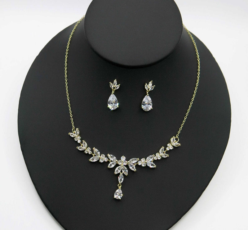 Bridal Diamond Gem Necklace and Earrings Set, Wedding Crystal Necklace Set, 14K Gold or Platinum - KaleaBoutique.com